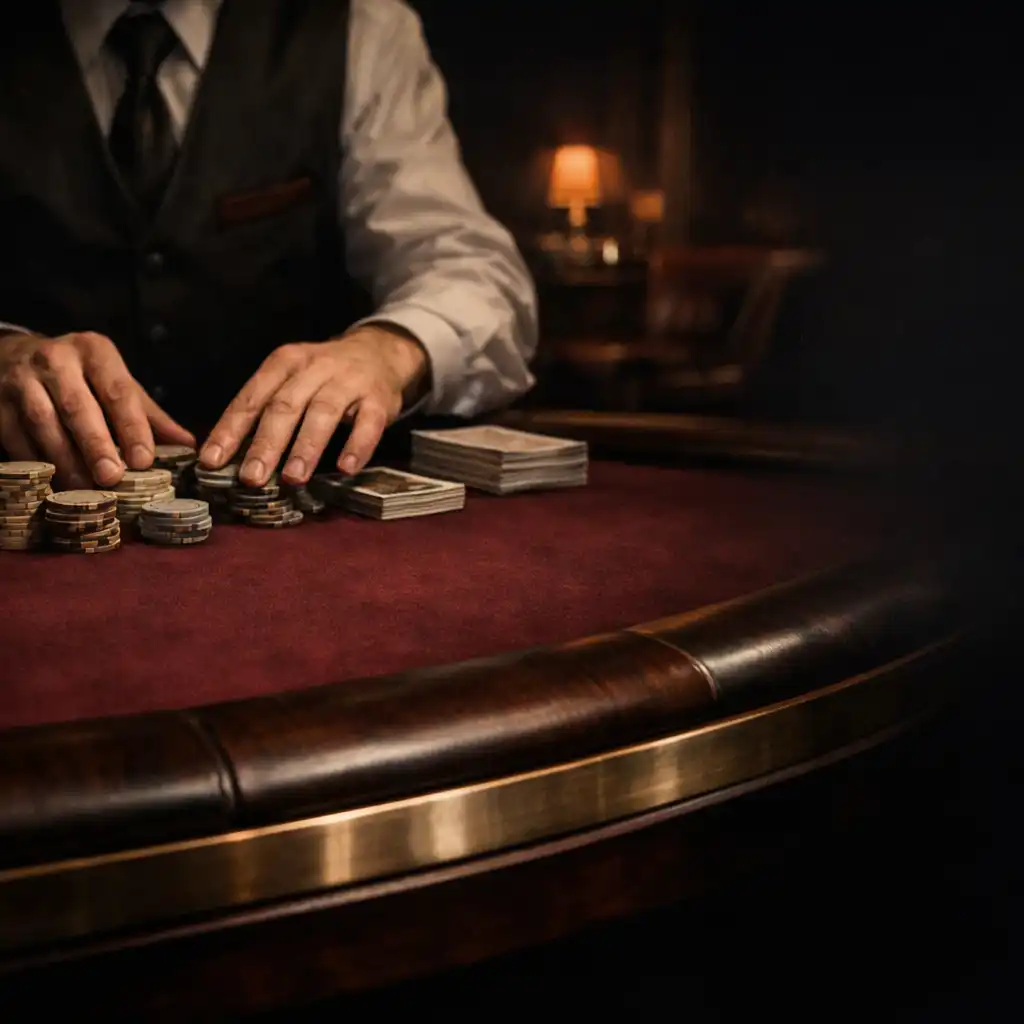 Close view across burgundy felt on a custom poker table toward dealer hands in the card room