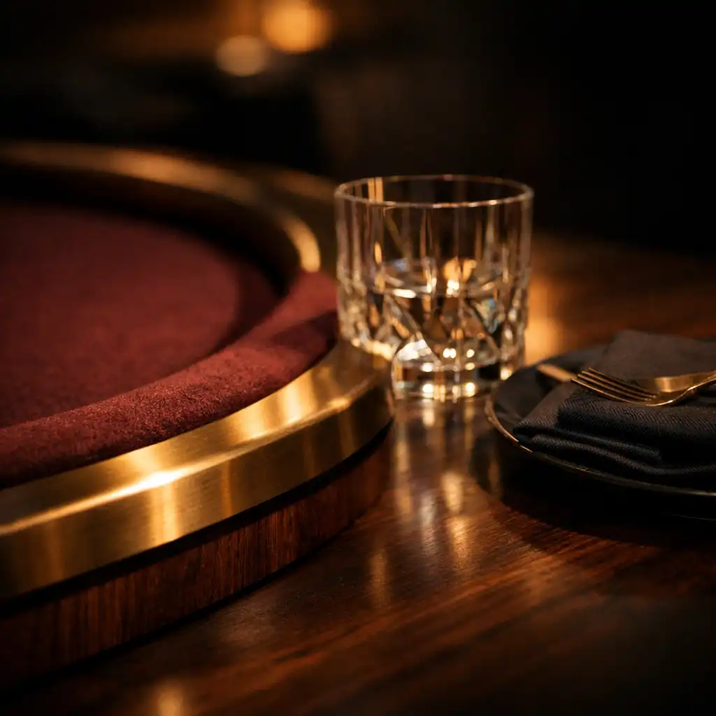 Detail of burgundy felt, walnut dining surface, glassware and brushed metal in the lounge
