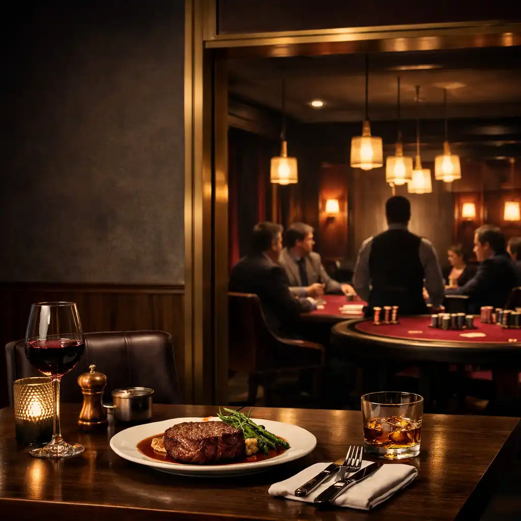 Steakhouse dining area opening toward a private card room with burgundy felt poker tables