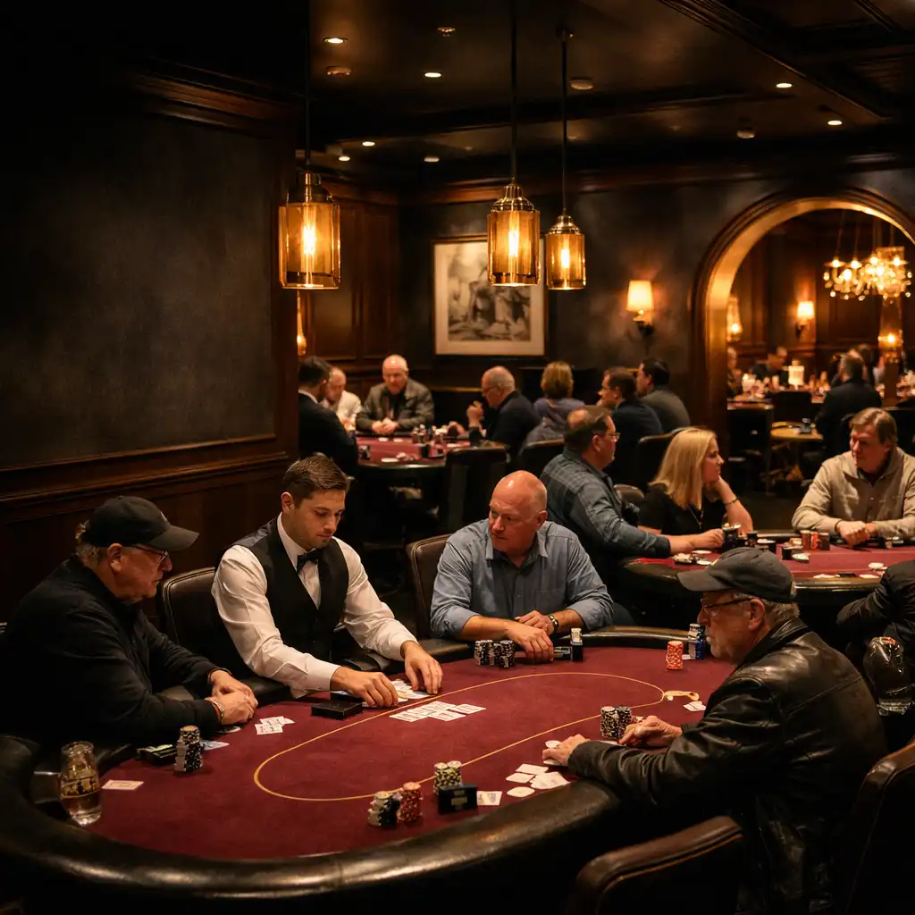 Guests gathered around custom poker tables in a warm live card room