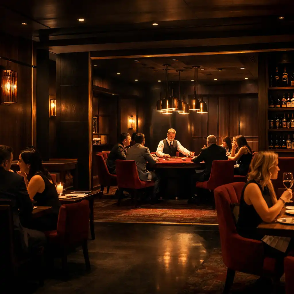 Wide evening view of Melbourne steakhouse tables and a live poker room beyond