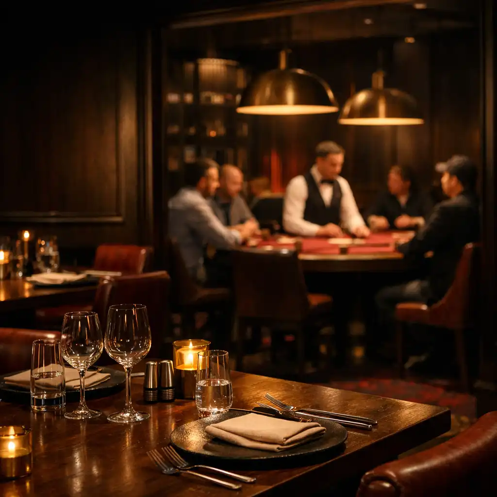 Warm Melbourne steakhouse dining area opening toward a private live poker card room