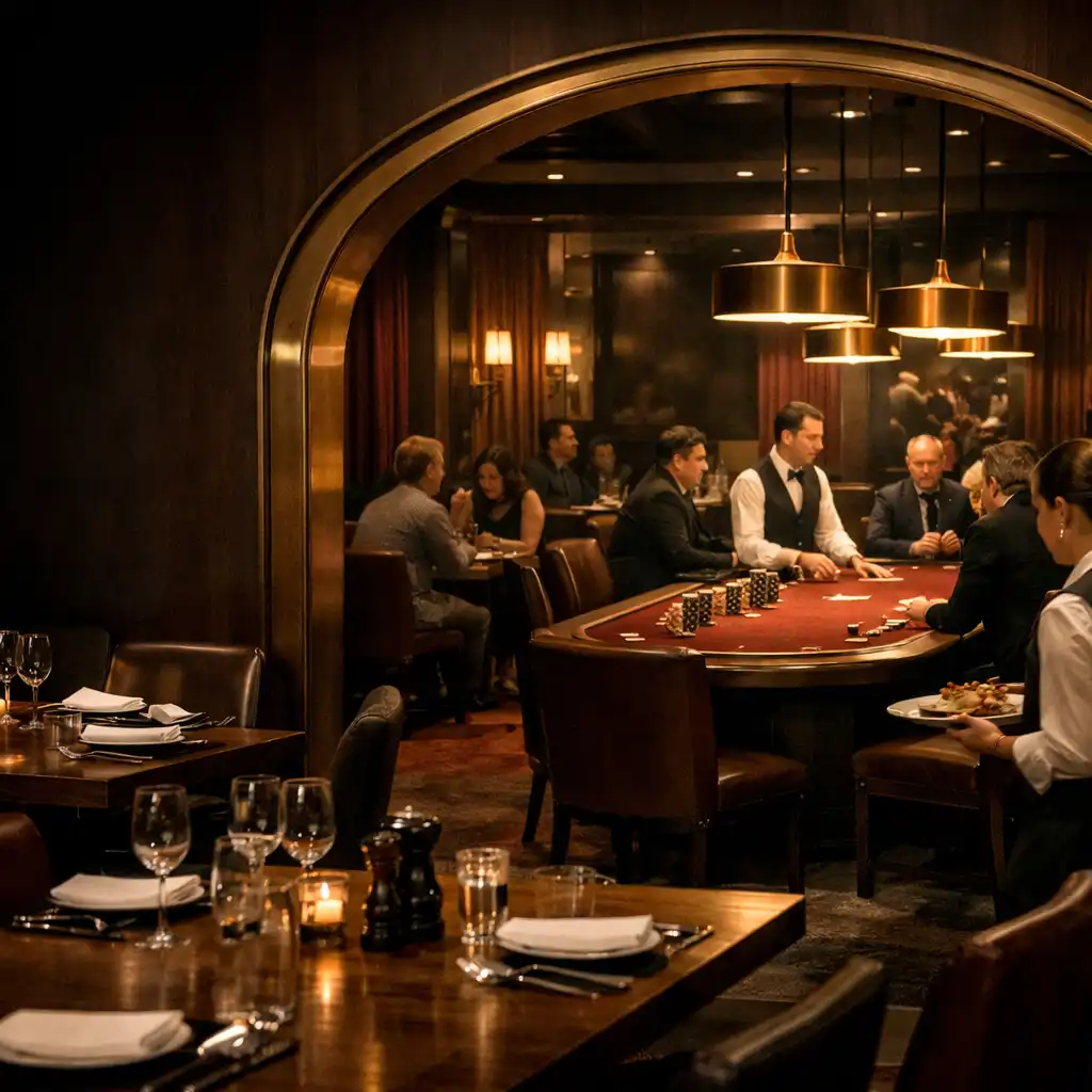 Melbourne steakhouse dining room opening toward an adjacent private poker card room