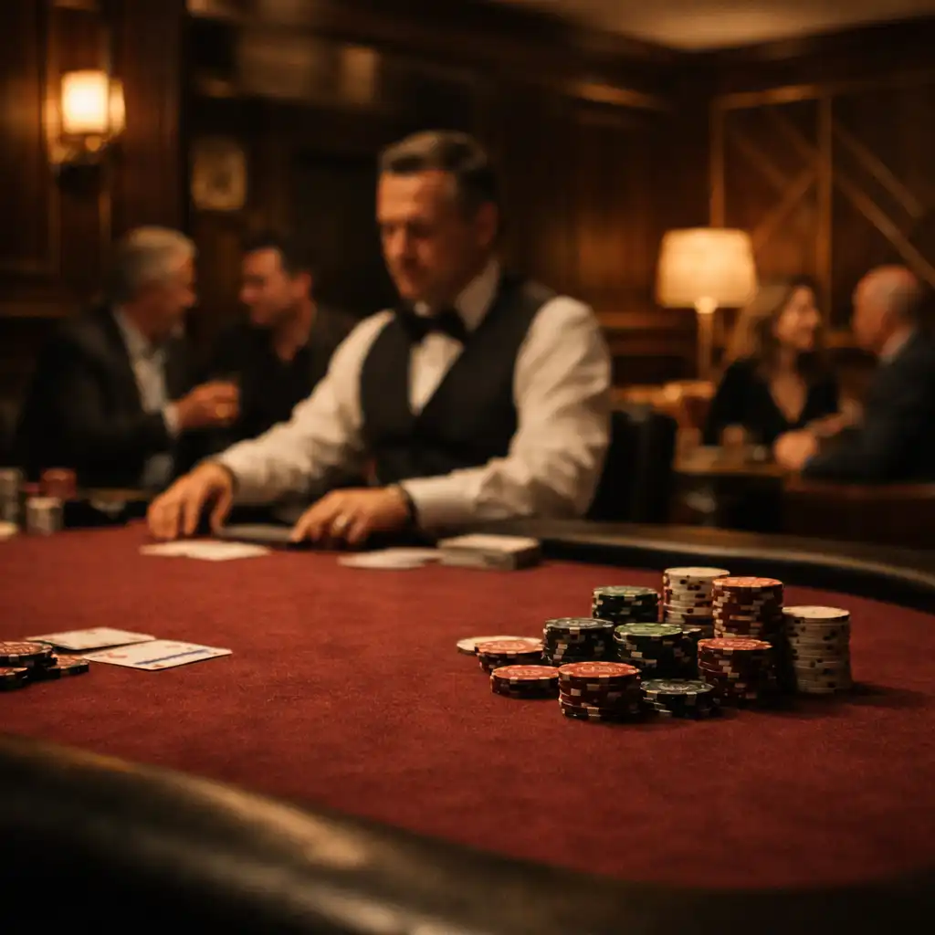 Private offline poker card room with burgundy felt table, dealer, guests, and warm timber interior