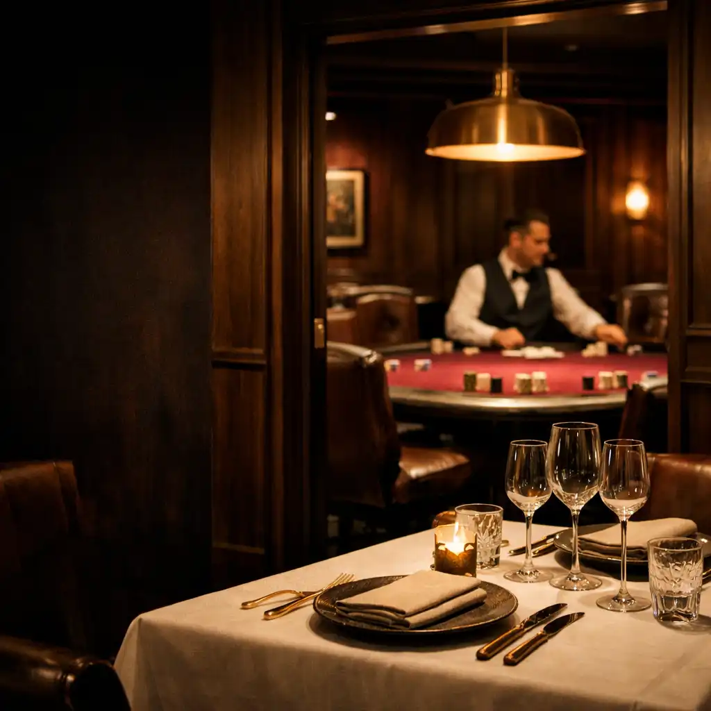 A warm steakhouse table leading toward the adjacent private card room at Grandes Apuestas Lounge