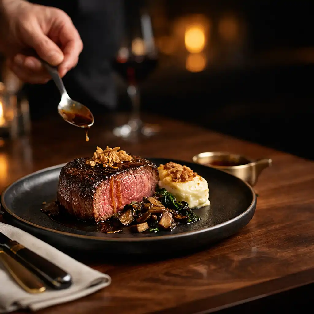 Prepared steak dish receiving attentive service in a dark Melbourne steakhouse