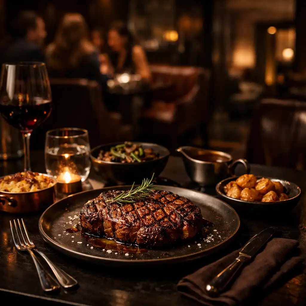 A plated grilled steak and refined table setting during an evening at the steakhouse