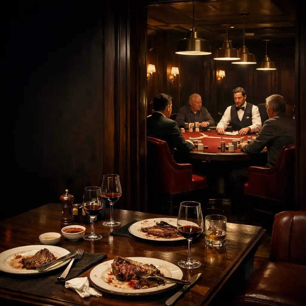 Melbourne steakhouse dining area opening toward a private card room with poker tables and a dealer
