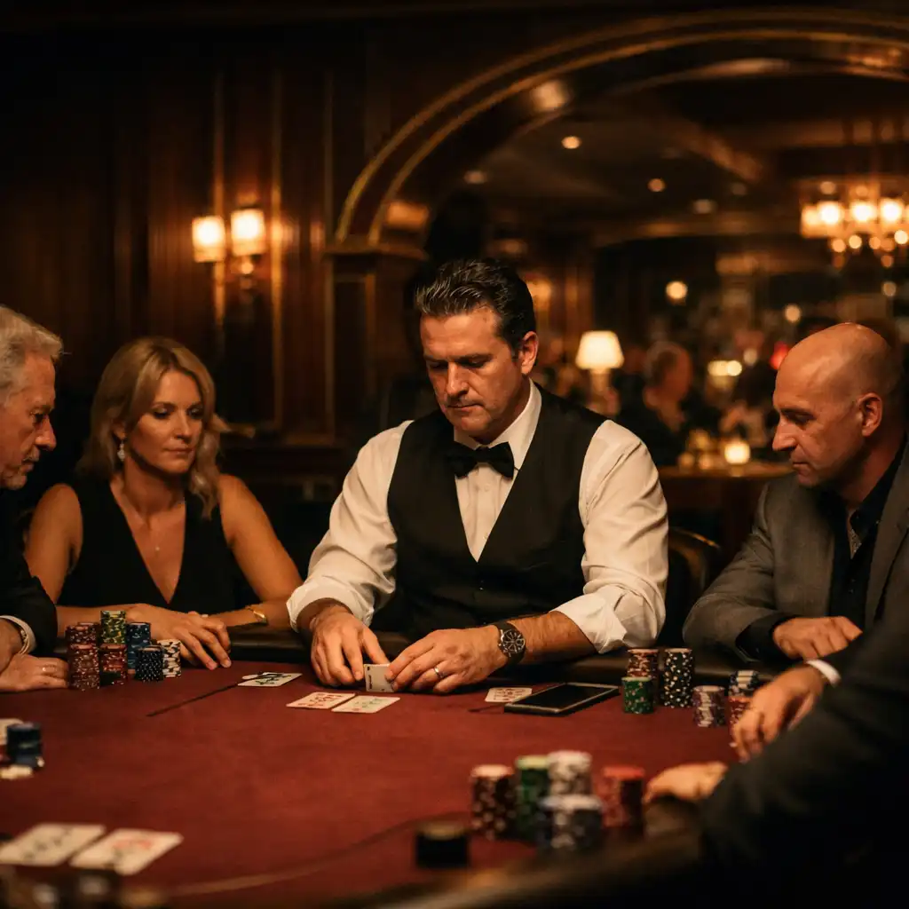 Dealer and guests at a burgundy felt poker table in a Melbourne card room connected to a steakhouse lounge