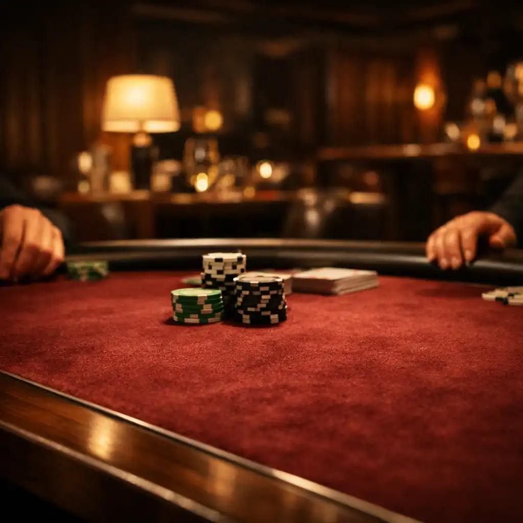 Hands gathered around a burgundy felt custom poker table in a physical card room