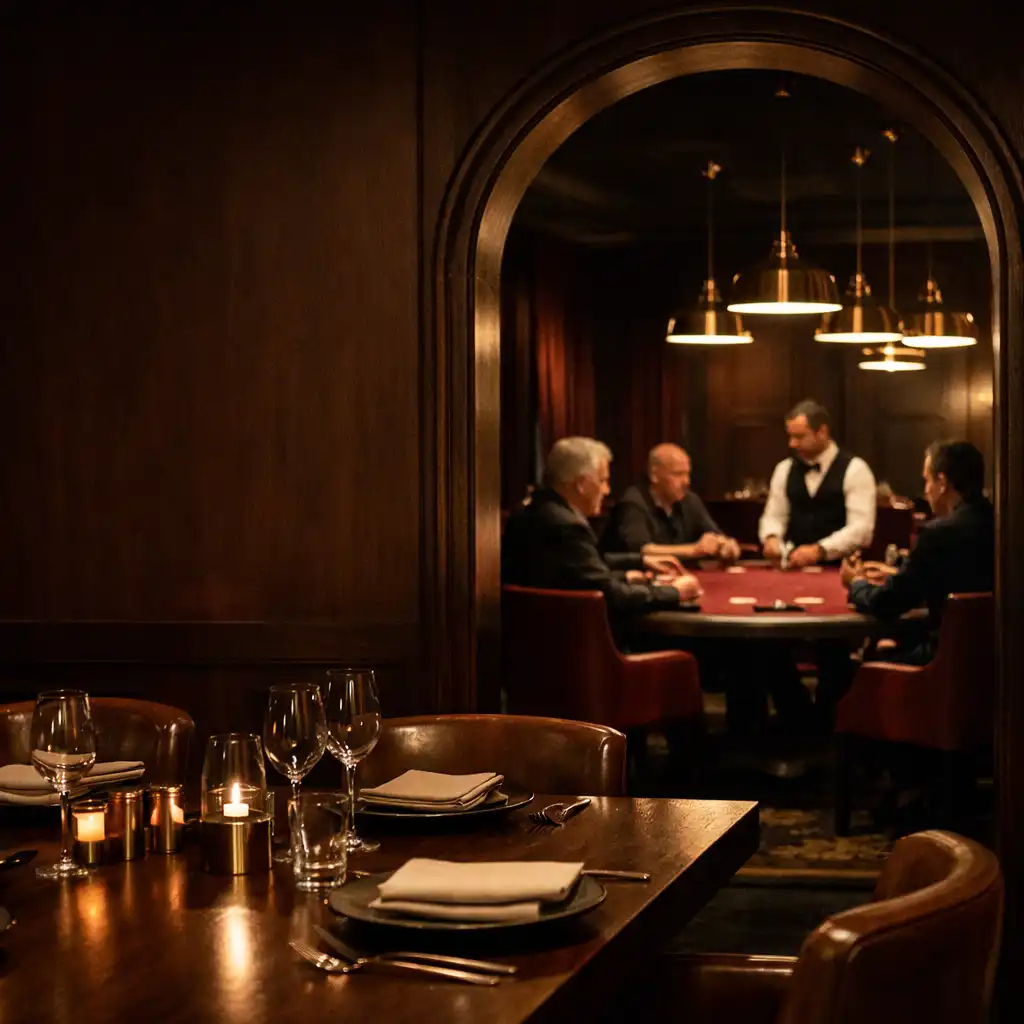 Steakhouse dining table opening toward an adjacent physical card room at Grandes Apuestas Lounge