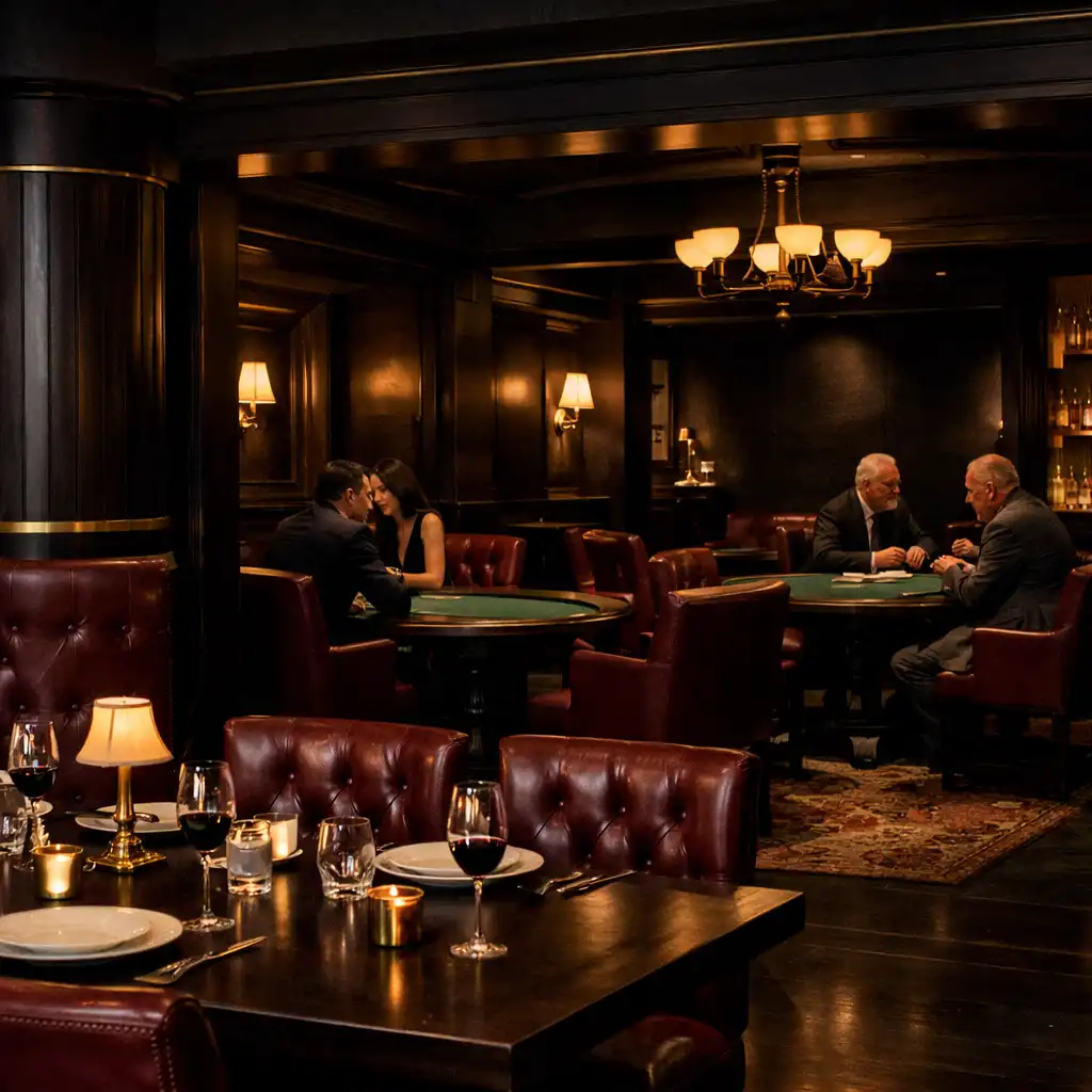 Dark timber steakhouse lounge leading toward refined custom card tables